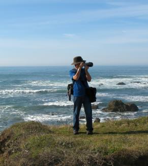a man standing on top of a lush green hillside next to the ocean by Simon Hurry courtesy of Unsplash.